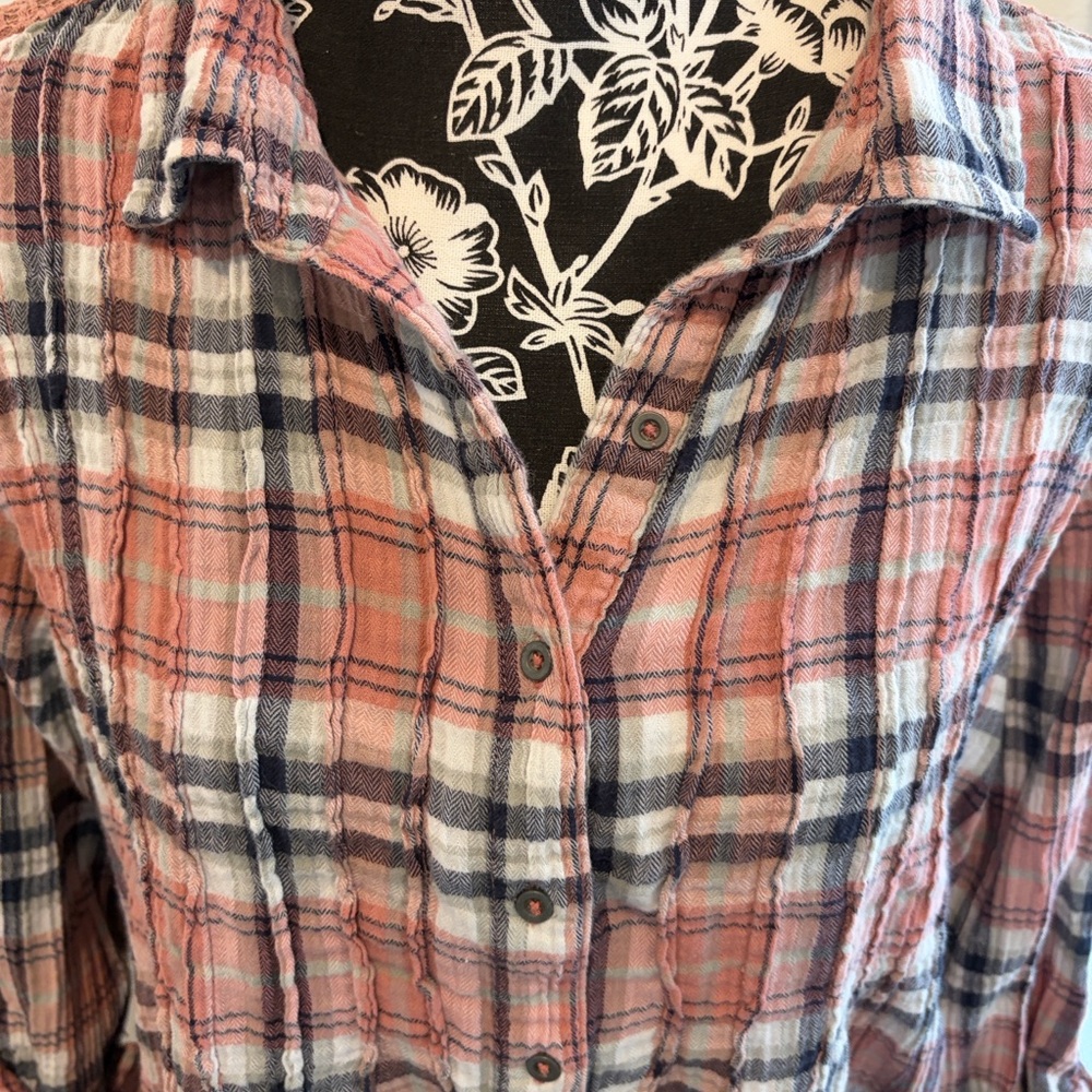 Plaid Button-Up Shirt - Red and Blue With a Lace Shoulder Inset! - Picture 2 of 7